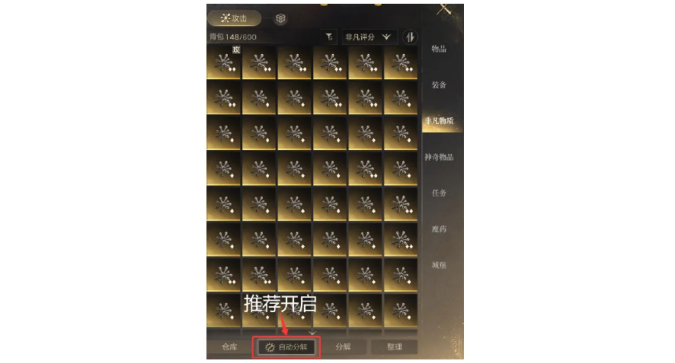 The Beyonder Substance tab of the bag with the auto-decompose toggle highlighted at the bottom.