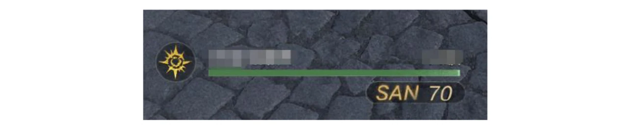 The in-game HUD showing the SAN meter reading 70, displayed to the lower right of the health bar.