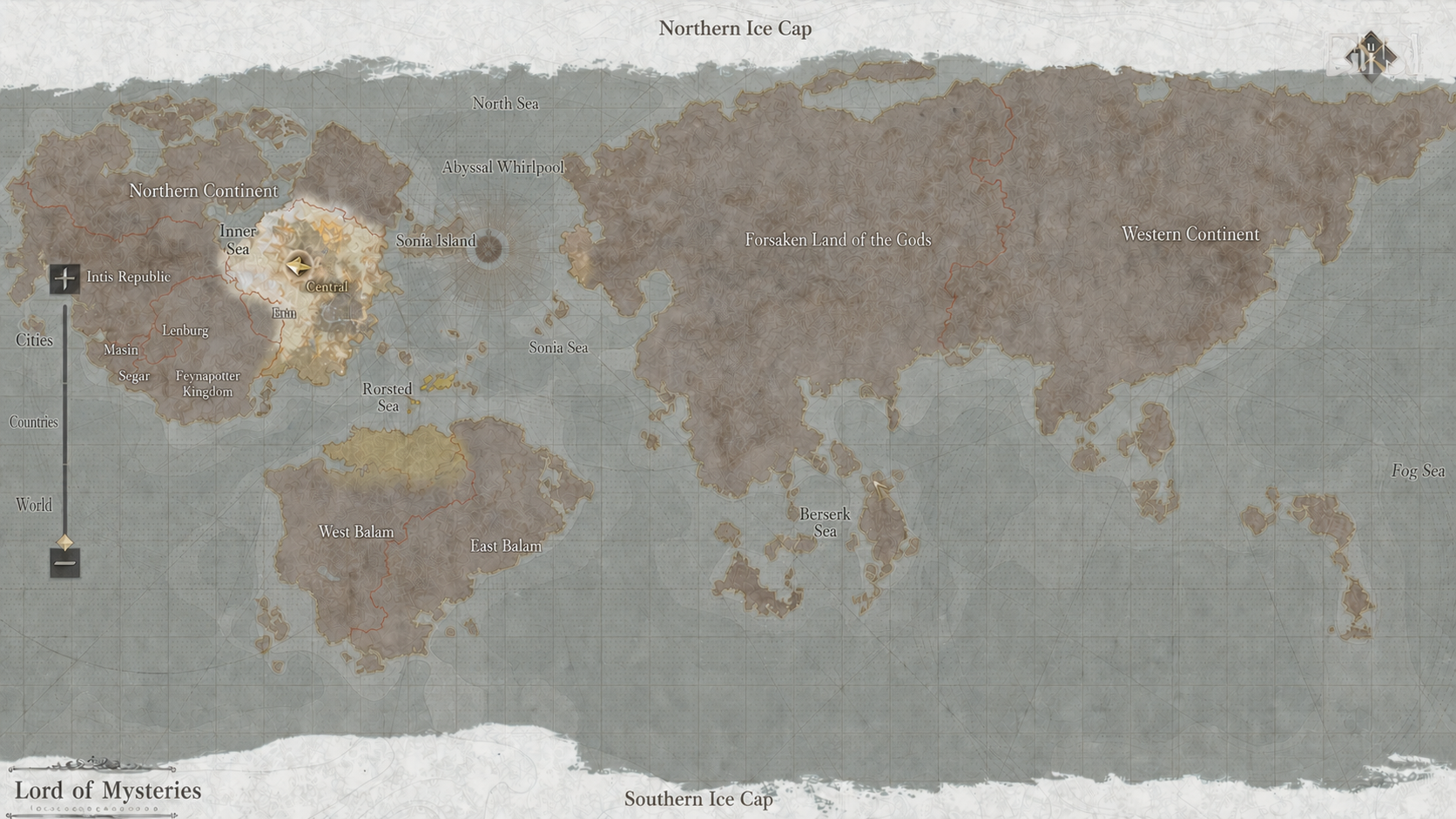 English world map of Lord of Mysteries, showing the Northern Continent, Southern Continent, Forsaken Land of the Gods, Western Continent, and major seas